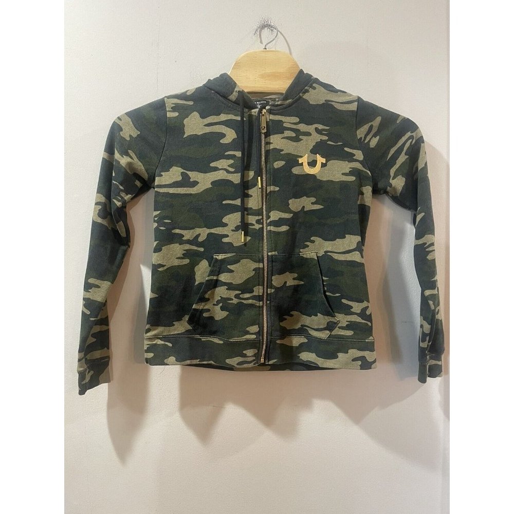 True Religion Sweatshirt Womens Size M Hoodie Green Camo Gold Logo Full Zip Knit